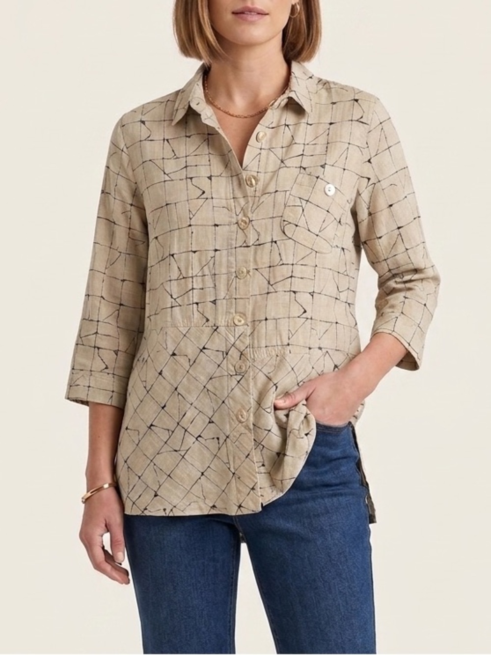 John Mark 100% Cotton Geometric Abstract Grid Print Button Tunic Quirky Womens M